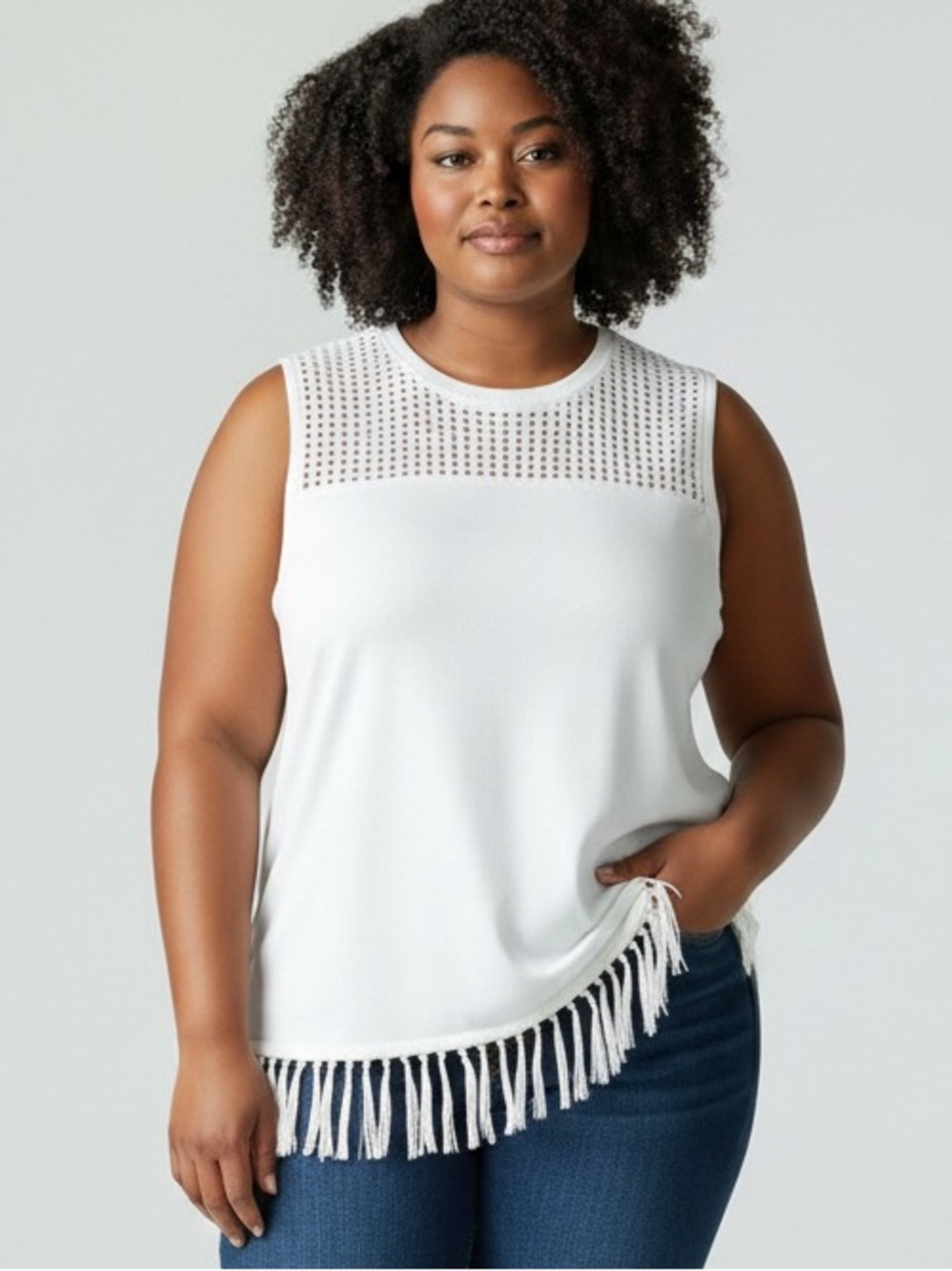 Jason Wu✨Women's White Sleeveless Fringe Hem Tank Top